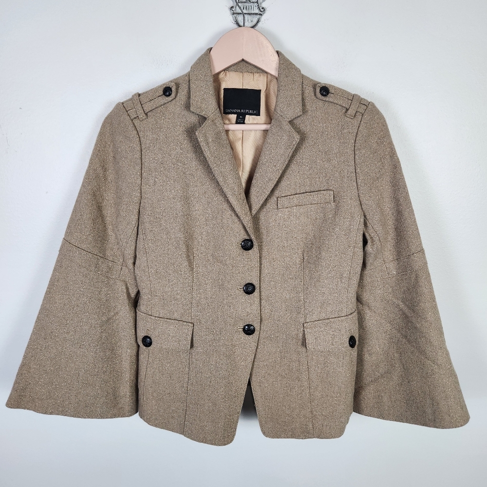 NWOT Banana Republic Tan Gold Metallic Wool Blend‎ Military Blazer Size 6 #0572